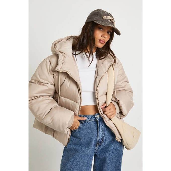 boohoo Dames Capuchon gevoerde pufferjas | Stone | Maat: 6