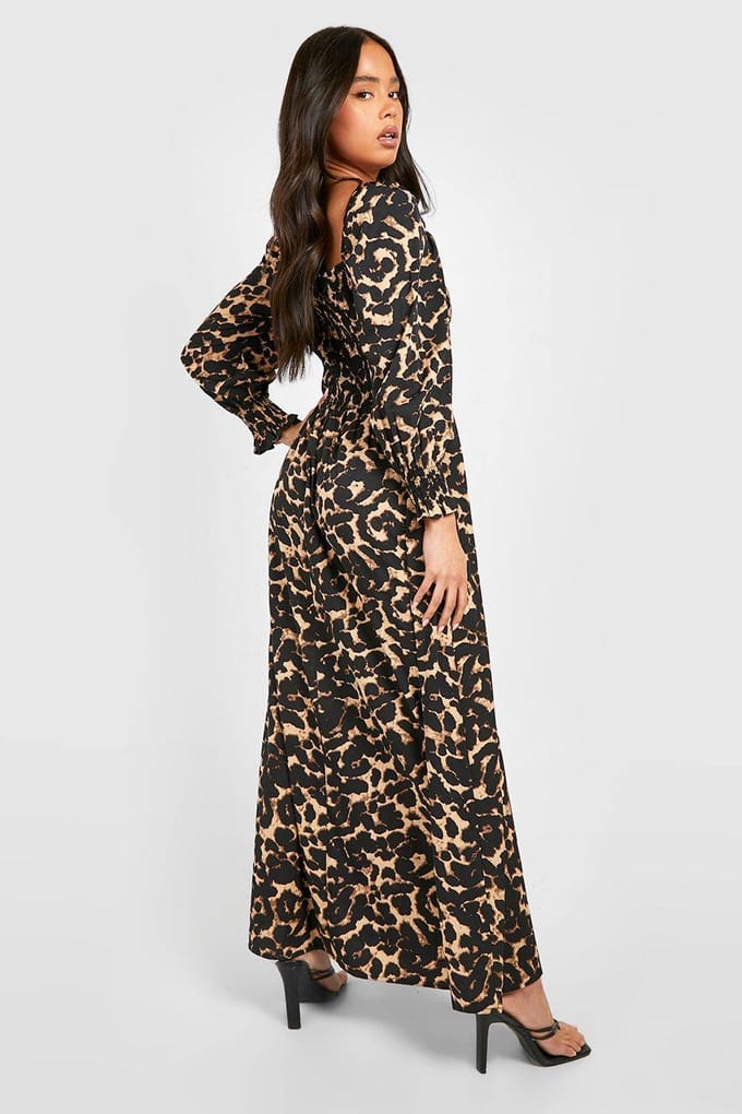 boohoo Dames Petite Leopard Shirred Detail Maxi Jurk | Zwart | Maat: 36