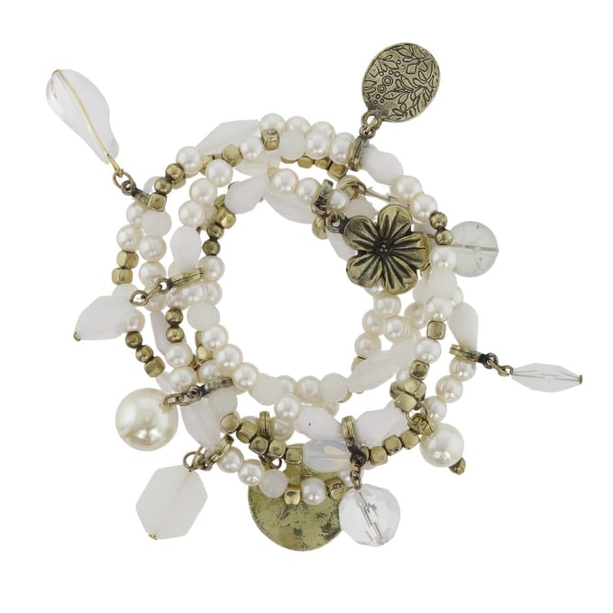 Behave - Elastische Parel Armbandjes - Set van 5 - Creme, Wit, Antiek Goudkleur