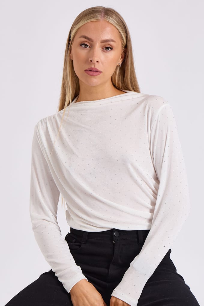 Witte Diamante Stud Cowl Front Bodysuit