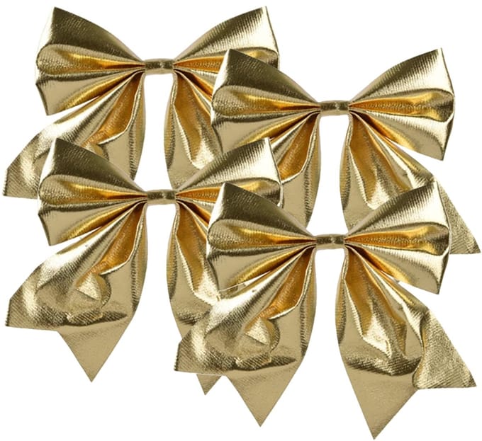 Decoris Kerst strik - 4x - goud - 20 x 24 cm - polyester - kerststrik - kerstboomversiering - kersthanger - kerstversiering
