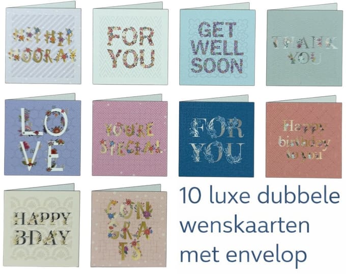 10 Verschillende Luxe Dubbele Wenskaarten Met Envelop – Goud & Zilver Details – 3D Effect