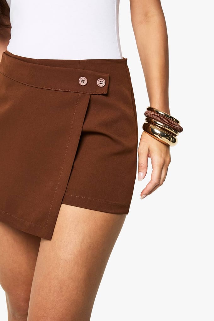 boohoo Dames Geweven Button Wrap Skort | Chocolate | Maat: 8