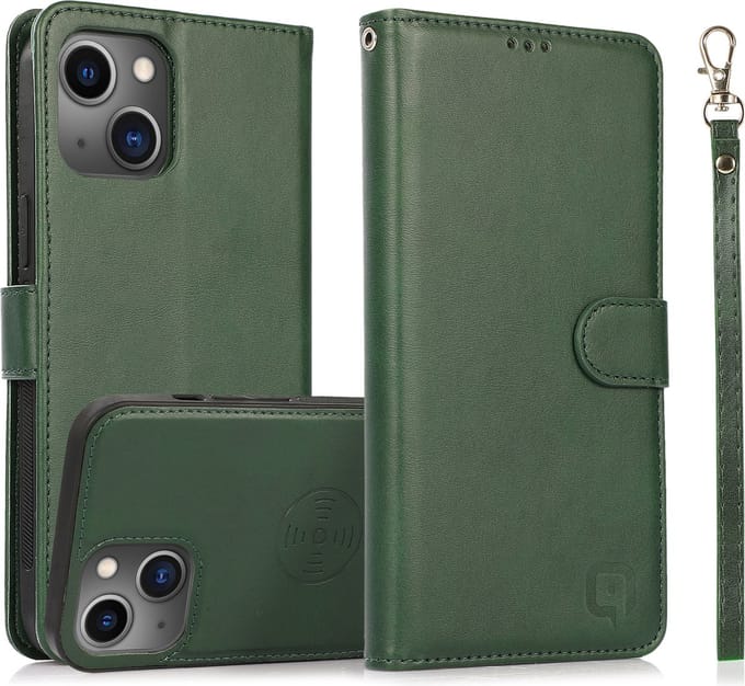 Perfeqt geschikt voor iPhone 14 Plus Uitneembare leer BookCase Hoesje - Dark Mint Green