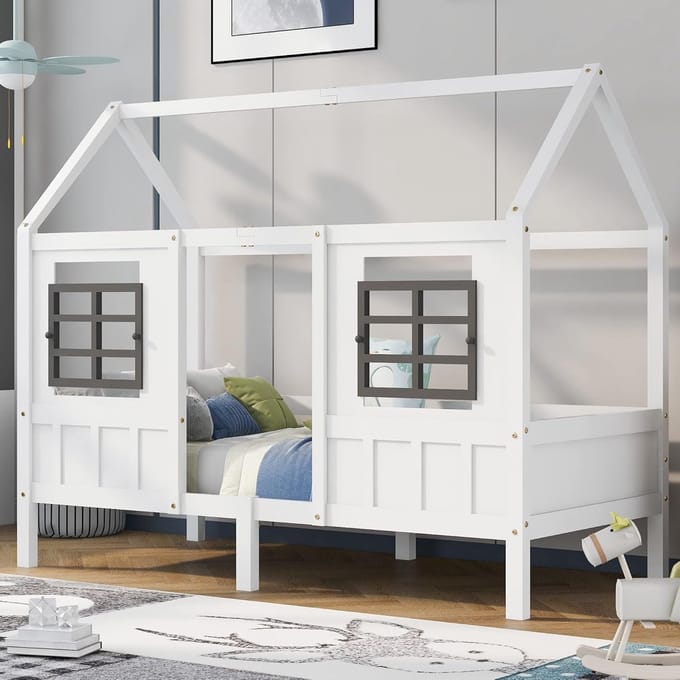 Huisbed Kinderbed - Bed met dak - Kinderkamer Inrichten - Met 2 Ramen - 200x90cm - Wit
