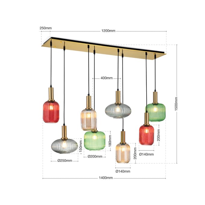 ORION Carneval hanglamp, kleurrijk, lengte 140 cm, glas, 8-lamps.
