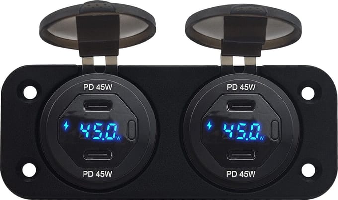ProRide 12V USB C Autolader 4 Poorten Inbouw met Schakelaar en Wattagemeter - 45W - QC3.0 - Complete set - Blauw