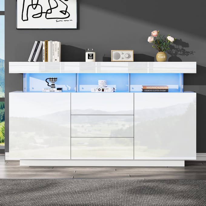140 x 35 x 80 cm Modern hoogglans dressoir - koffiebar - acryl dressoir 16 kleuren LED-strip - wit