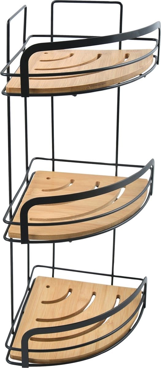 MSV Doucheplanchet met 3 Etages – Badkamerplanchet van Metaal en Bamboe – Doucherek Zwart – 49 cm
