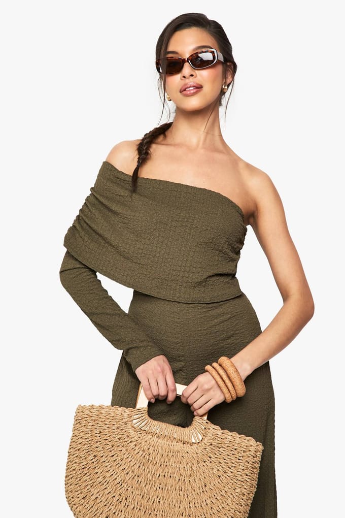 boohoo Dames One Shoulder Wide Leg Getextureerde Jumpsuit | Khaki | Maat: 14