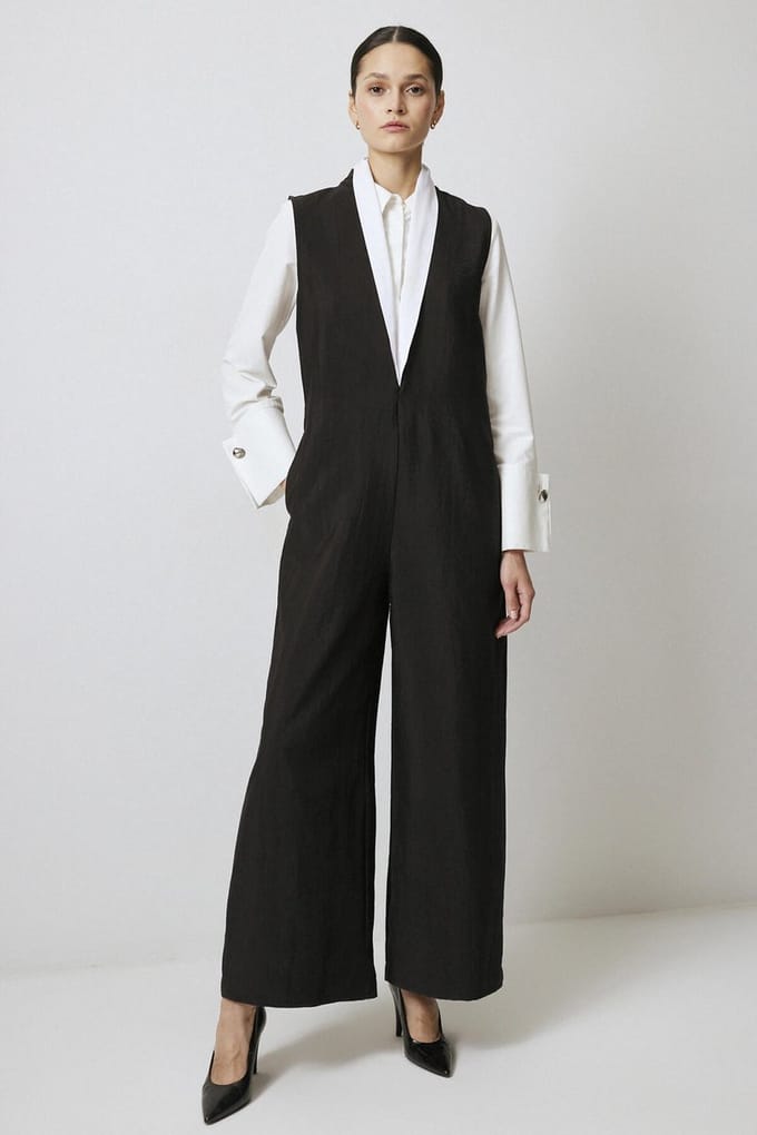 Touché Privé - Cupra jumpsuit met contrastkraag - Zwart - Dames