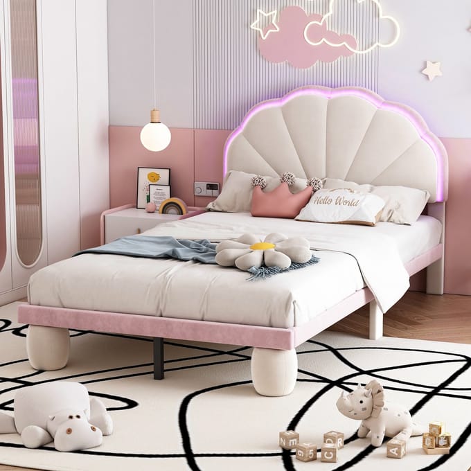 MODFU Bedframe 90x200 cm – beige/roze fluweel – met golvend hoofdbord en meerkleurige LED