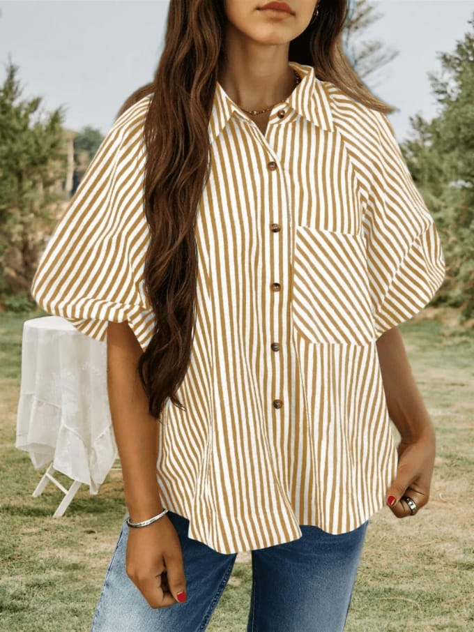 Dames gestreepte pofmouw blouse V-hals met kraag knoopsluiting losse top XL kaki