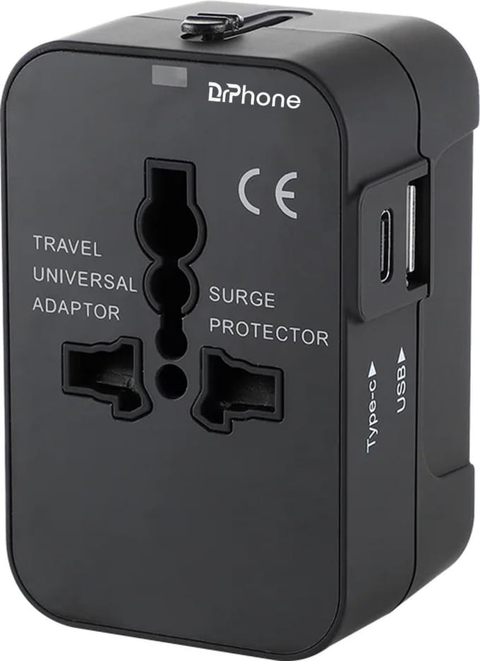 DrPhone TravelFuse – Universele Reisadapter – Met USB & USB-C Poort – Universele Plug – Internationale Plug - Zwart