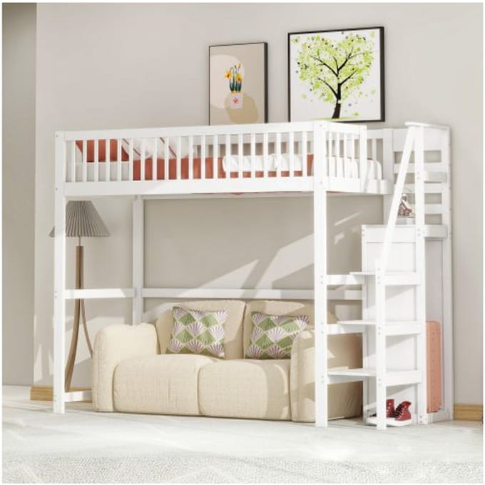 Lit mezzanine - MUVOE - 90x200 - Bois massif - Échelle de sécurité - Rangement intégré blanc