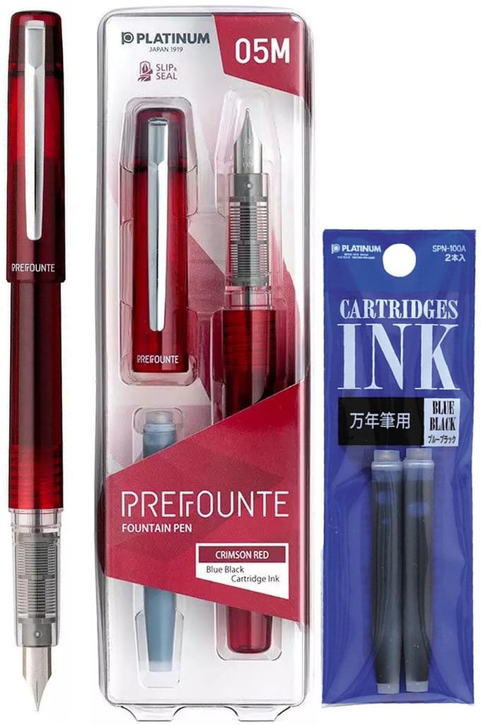 Platinum - Prefounte Vulpen - Fine - Crimson Red - Met Blauw Zwarte vullingen