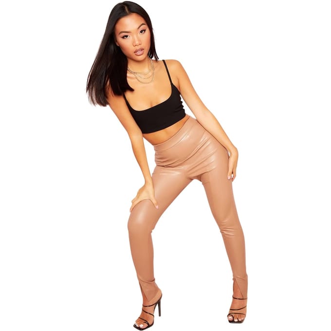 Missy Empire Dames/Dames Vegan Leren Split Front Skinny Broek (Kameel)