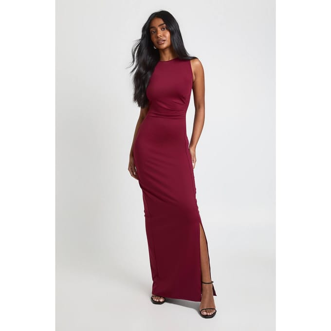 boohoo Dames Slinky Gerimpelde Zijkant Maxi Jurk | Wijn | Maat: 44