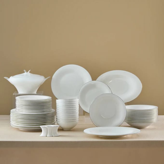 Karaca Extra Argento Platinum - 55-Delige Serviesset – 12 Personen – Fine Pearl Servies met Echte Parels – Luxe Dinerservies Wit/Platin
