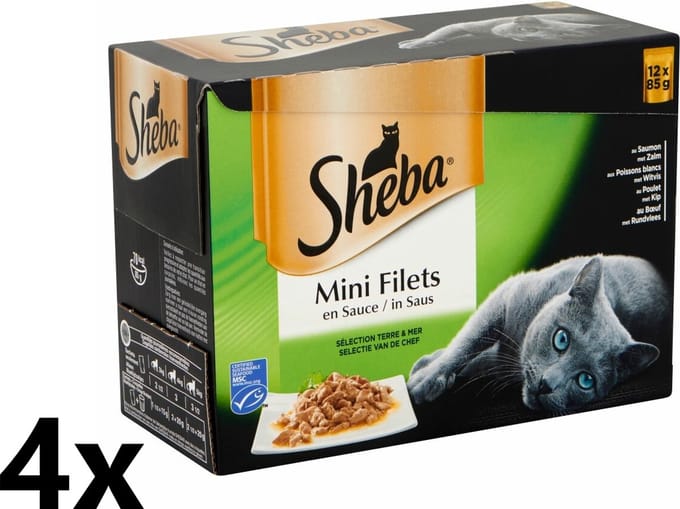 4x Sheba - Mini Filets Mix Selectie in Saus Multipack - Kattenvoer Natvoer - 12x85g
