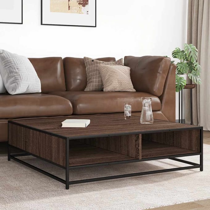 vidaXL - Salontafel - 100x100x30 - cm - bewerkt - hout - en - metaal - bruin - eiken