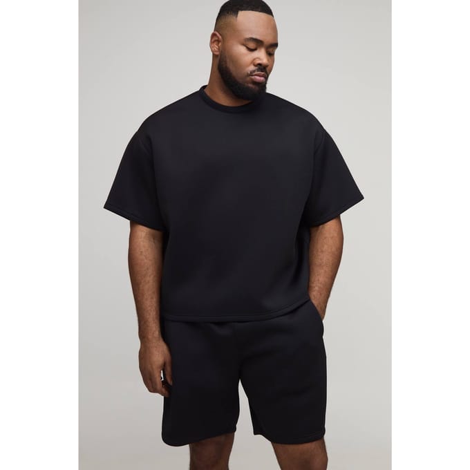 Plus Oversized Boxy Bonded Scuba T-Shirt & Relaxed Short Set | Black | Size 3XL