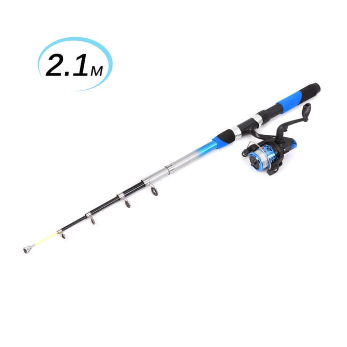 Combo Canne Moulinet Kit Complet avec 2 Canne à Pêche Télescopique 2,1 m 2 Moulinets Spinning Leurres Hameçons bleu