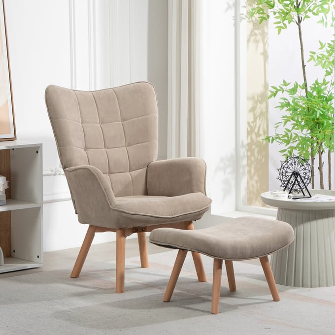 REDOM - Oorfauteuil Met Hocker - Getuft - Klassiek - Polyester - Kaki - 72 x 80 x 101 cm