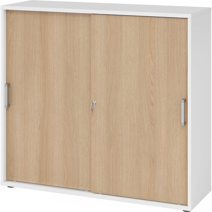 Schuifdeurkast TARVIS, 3 ordnerhoogten, B 1200 x D 400 x H 1100 mm, afsluitbaar & stapelbaar, wit/wilde eikenpatroon