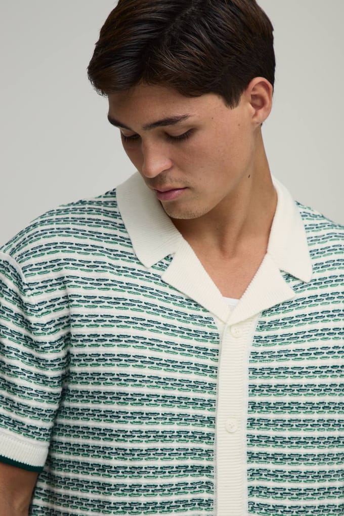 Ontspannen Gebreid Shirt En Short Set Met Open Steek En Strepen | Green | Size Medium