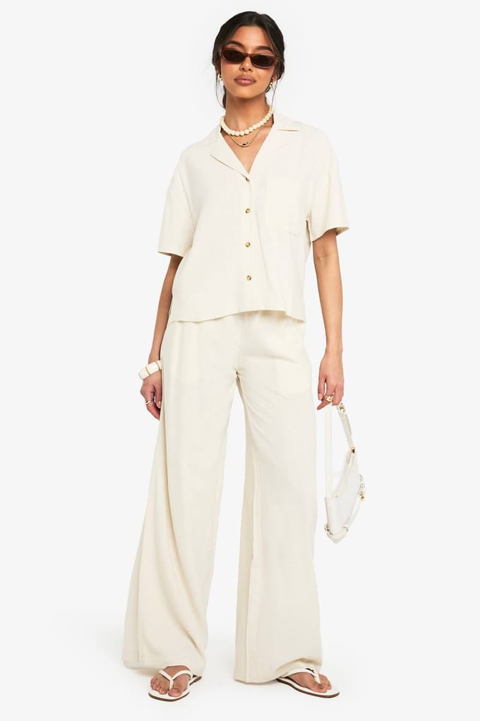 boohoo Dames Premium Linnen Korte Mouwen Overhemd | Steen | Maat: 36