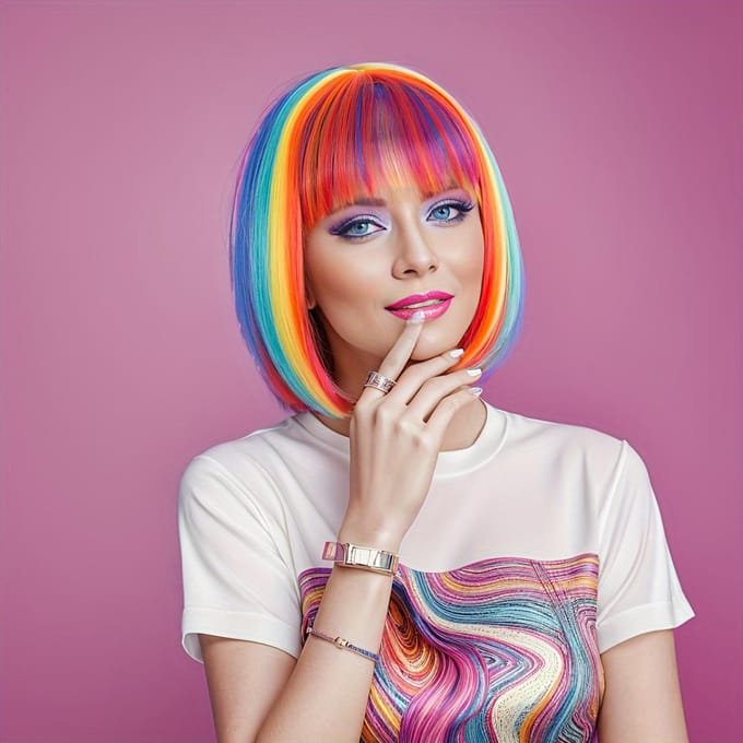Perruque synthétique courte et lisse multicolore arc-en-ciel avec frange pour femmes et filles multicolore