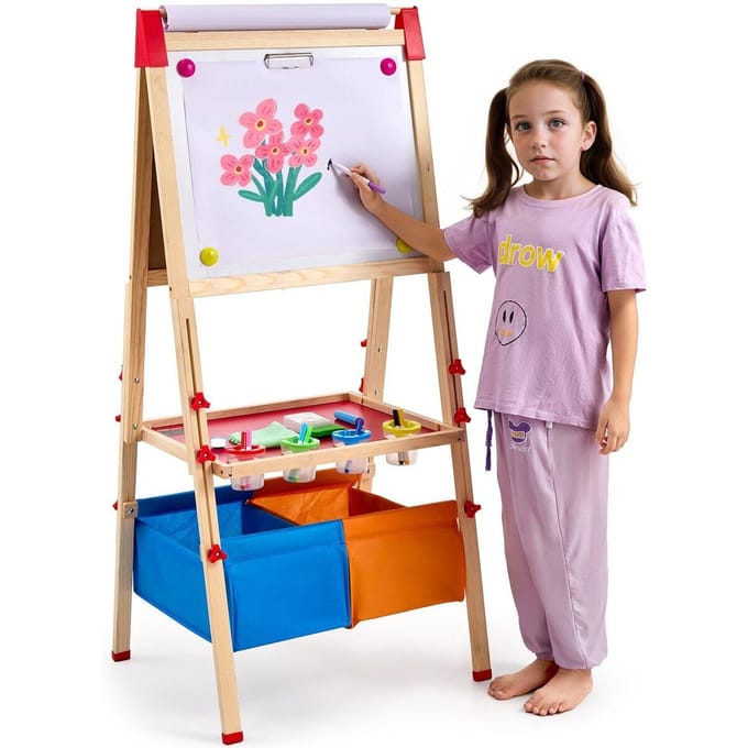 Chevalet d'Art 3-en-1 pour Enfants Double Face en Bois Magnétique Blanc et Ardoise