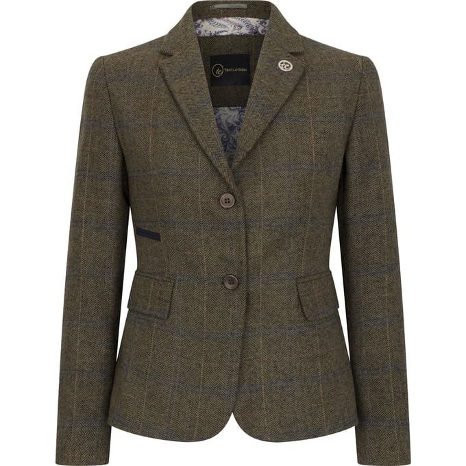 Dames olijfgroene tweedblazer met visgraatmotief