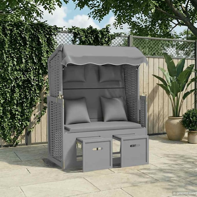 vidaXL - Strandstoel - met - kussens - poly - rattan - en - massief - hout - grijs
