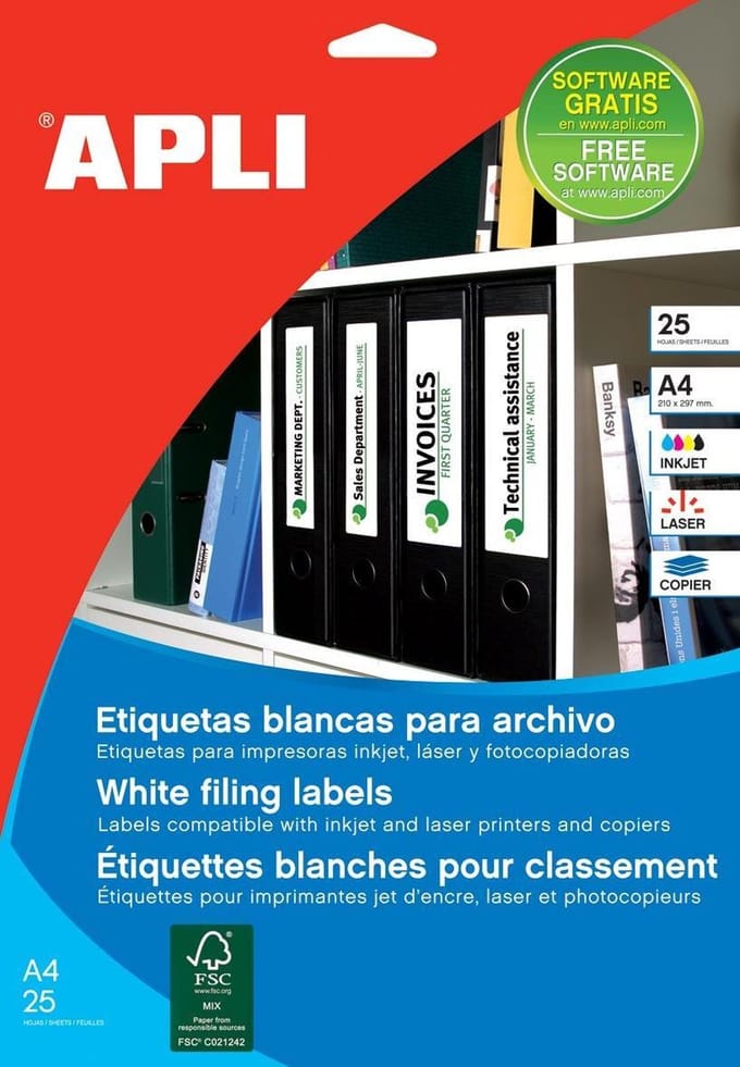 Klevende etiketten Apli Wit Papier 25 vellen 190 x 61 mm