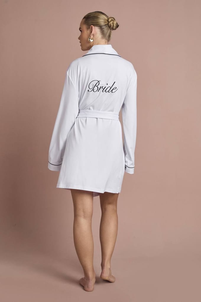 boohoo Dames Bruidsjurk 'bride' Jersey Geborduurd Mini Badjasje | Wit | Maat: Medium