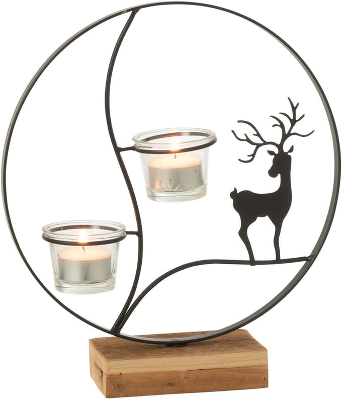 J-Line theelichthouder Rond - hout - zwart/naturel