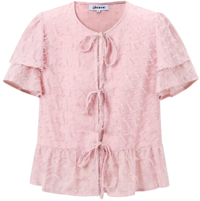Gimme - Elegant Tie-Up Top – Korte Mouwen Blouse – Modieuze Effen Top met Ruches - Wit - Maat M