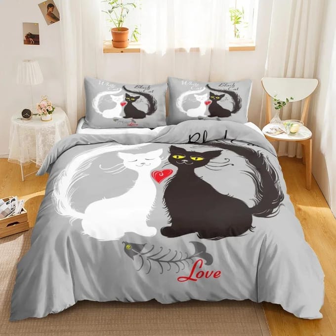 3-delige eenzijdig bedrukte beddengoedset, Dekbed Cartoon Schattige Kat Dekbedovertrek Kussens Comfortabele Spreien Beddengoedset cot size 70x133cm