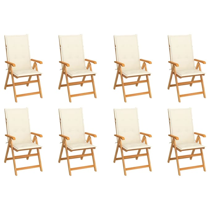 vidaXL - Verstelbare - klapstoelen - met - kussens, - 8 - stuks, - massief - teakhout