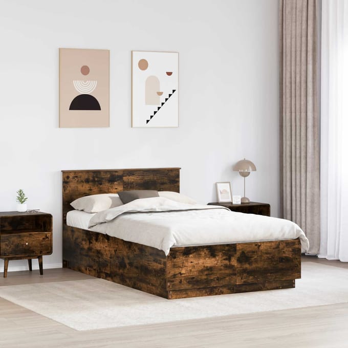 vidaXL - Bedframe - met - hoofdeinde - Gerookt - eiken - 120 - x - 200 - cm - Bewerkt - hout