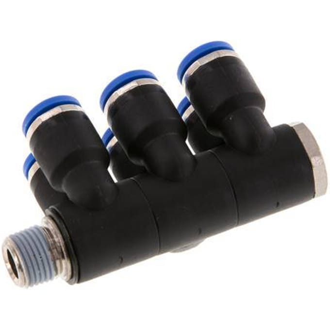 6mm x R1/8'' 6-way Manifold Messing/PA 66 Insteekfitting Buitendraad Draaibaar NBR