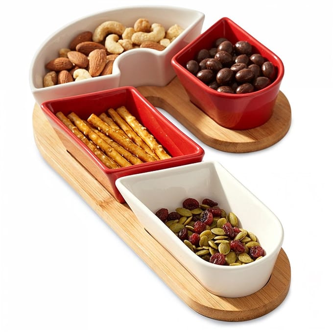 Excellent Houseware Serviesset - 5 Stuks - Keramische Schalen - Bamboe Tafel - Kerst Ontwerp