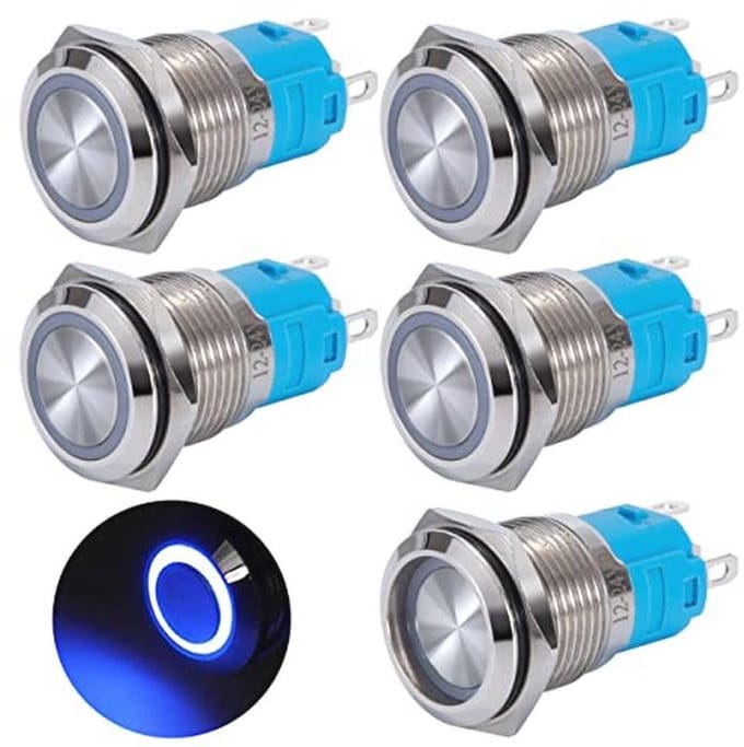 Drukknopschakelaar 16 mm met Vergrendeling en LED Licht - Waterdicht, 12V/24V, 5 Stuks