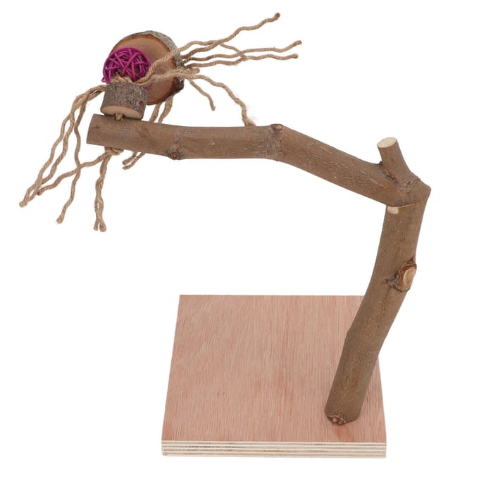 Houten speelrek voor vogels, geschikt om de klauwen van papegaaien te slijpen, met voetstuk voor valkparkieten. brown