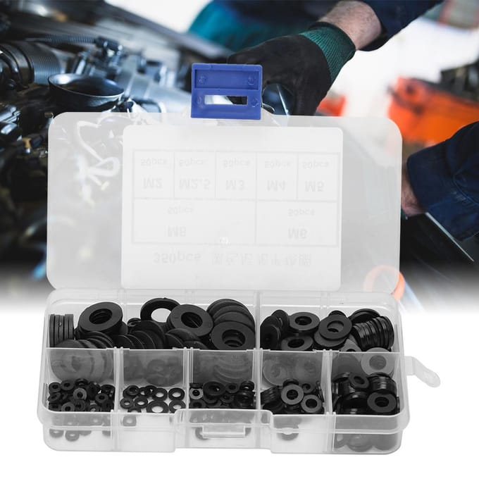 Set van 350 zwarte nylon plastic platte pakkingringen M2M2.5M3M4M5M6M8