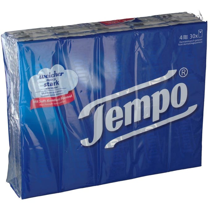 Tempo zakdoekjes 3 in 1, fluweelzacht, 1 pak van 30 x 10 tissues