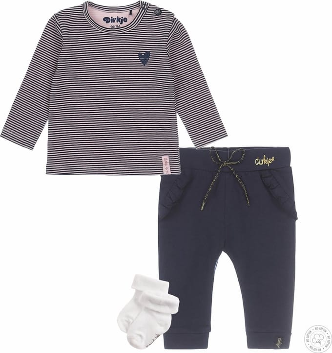 Dirkje Bio Basic SET(3delig) Blauwe broek, Shirt gestreept - noppies sokjes - Maat 50