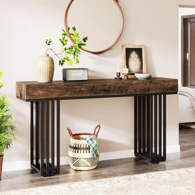 Tribesigns Consoletafel - Sidetable - Console - Haltafel - Metaal/Hout - Bruin - Industrieel - 140 x 82 x 30 cm - Console Tafel voor Hal, Woonkamer, Entree
